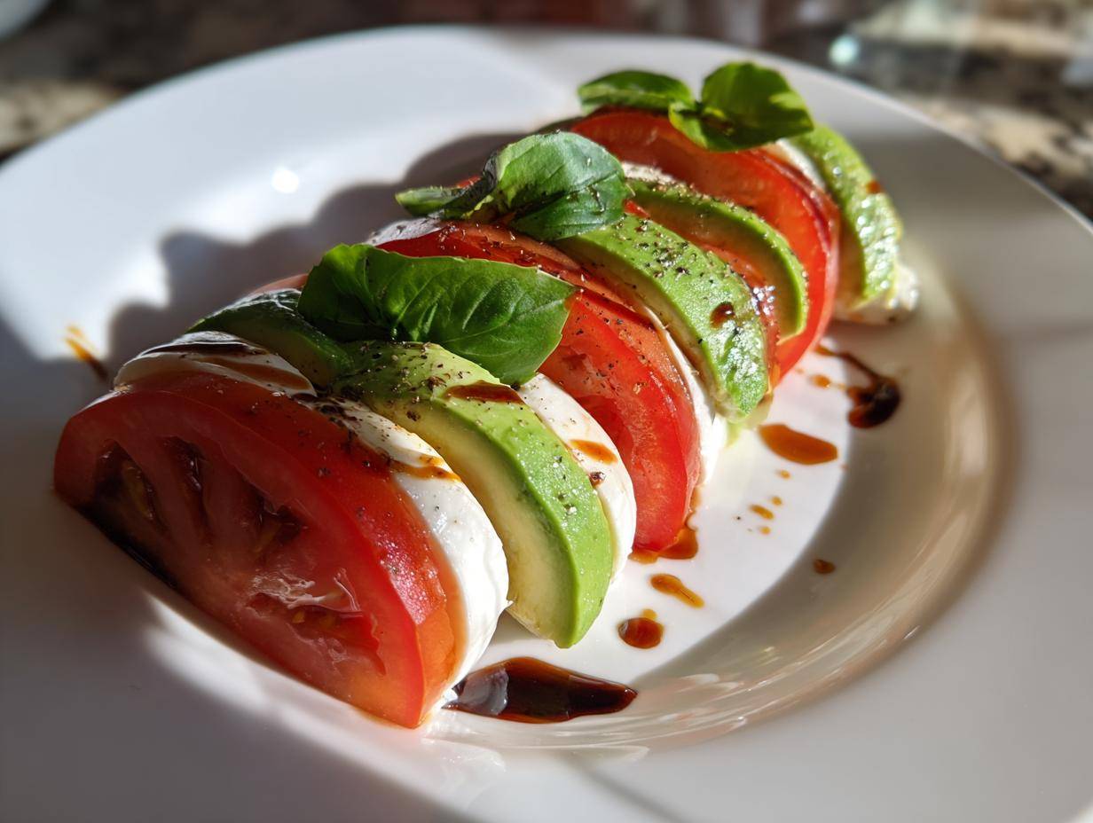 Zbliżenie na ułożoną w rzędzie sałatkę caprese z awokado, pomidorami, mozzarellą i bazylią, polaną sosem balsamicznym.