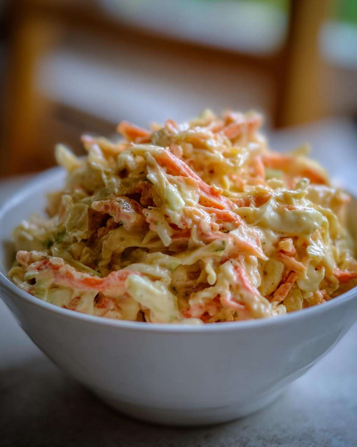 Zbliżenie na miskę pełną kremowej Sałatka Coleslaw domowa z tartą marchewką i kapustą.