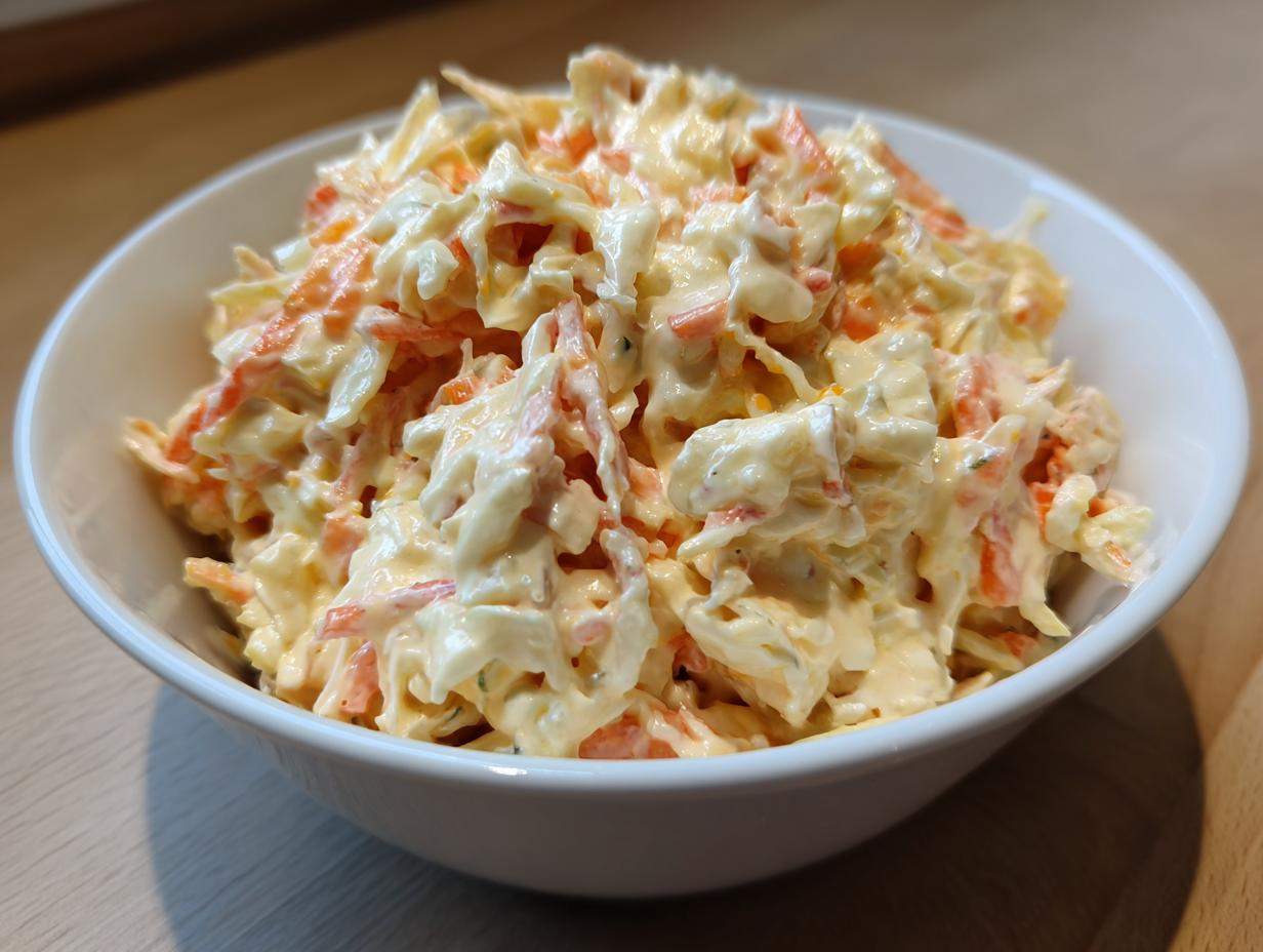 Zbliżenie na kremową Sałatka Coleslaw domowa z tartą marchewką w białej misce.