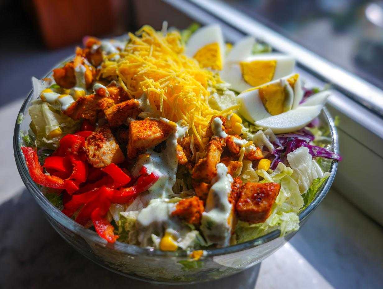 Szklana miska pełna warstwowej Sałatki kebabowej z kawałkami kurczaka, startym serem i jajkiem.