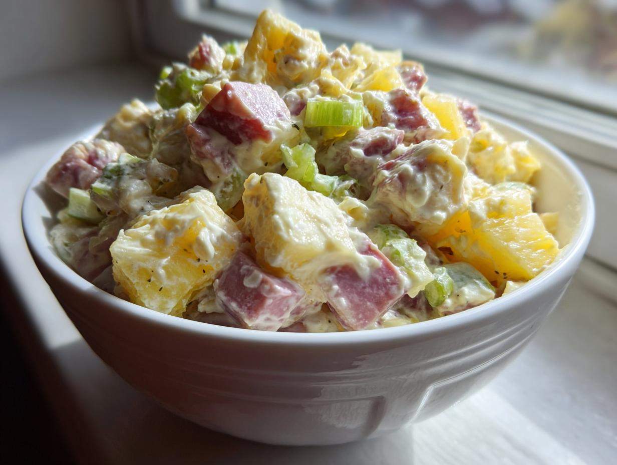 Zbliżenie na miskę pełną kremowej Sałatki królewskiej z kawałkami ziemniaków, szynki i selera.