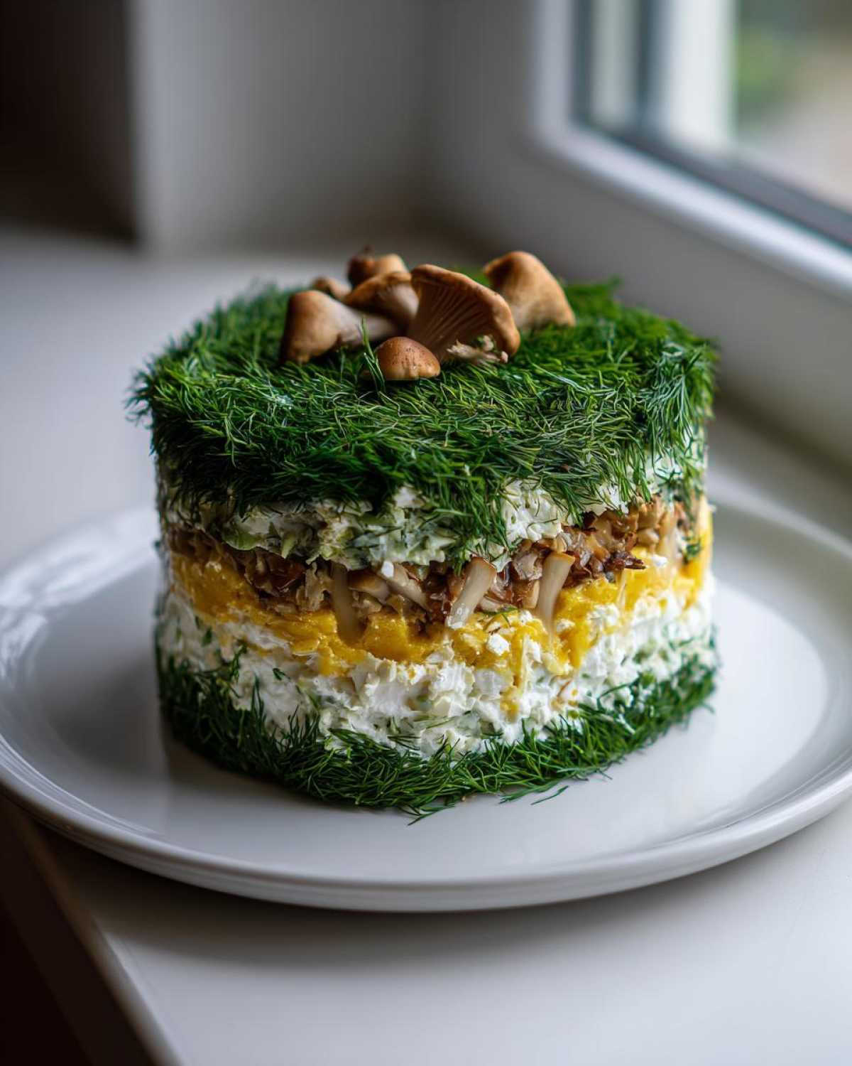 Warstwowa Sałatka leśna polana udekorowana obficie koperkiem i małymi grzybami na wierzchu.