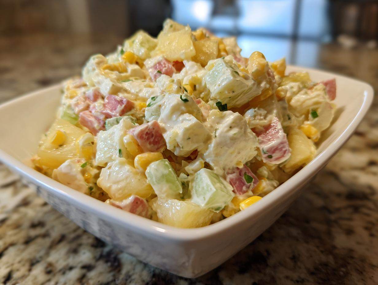 Zbliżenie na kremową sałatkę z selerem konserwowym, kukurydzą, szynką i ogórkiem w białej misce.