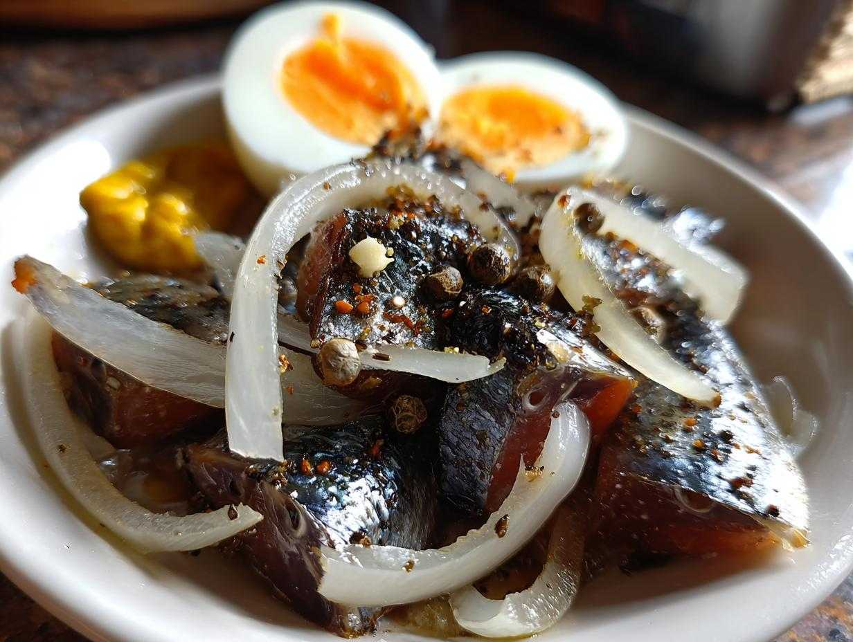 Zbliżenie na talerz ze śledziami po japońsku, polanymi przyprawami i plastrami cebuli, obok połówka jajka na twardo.