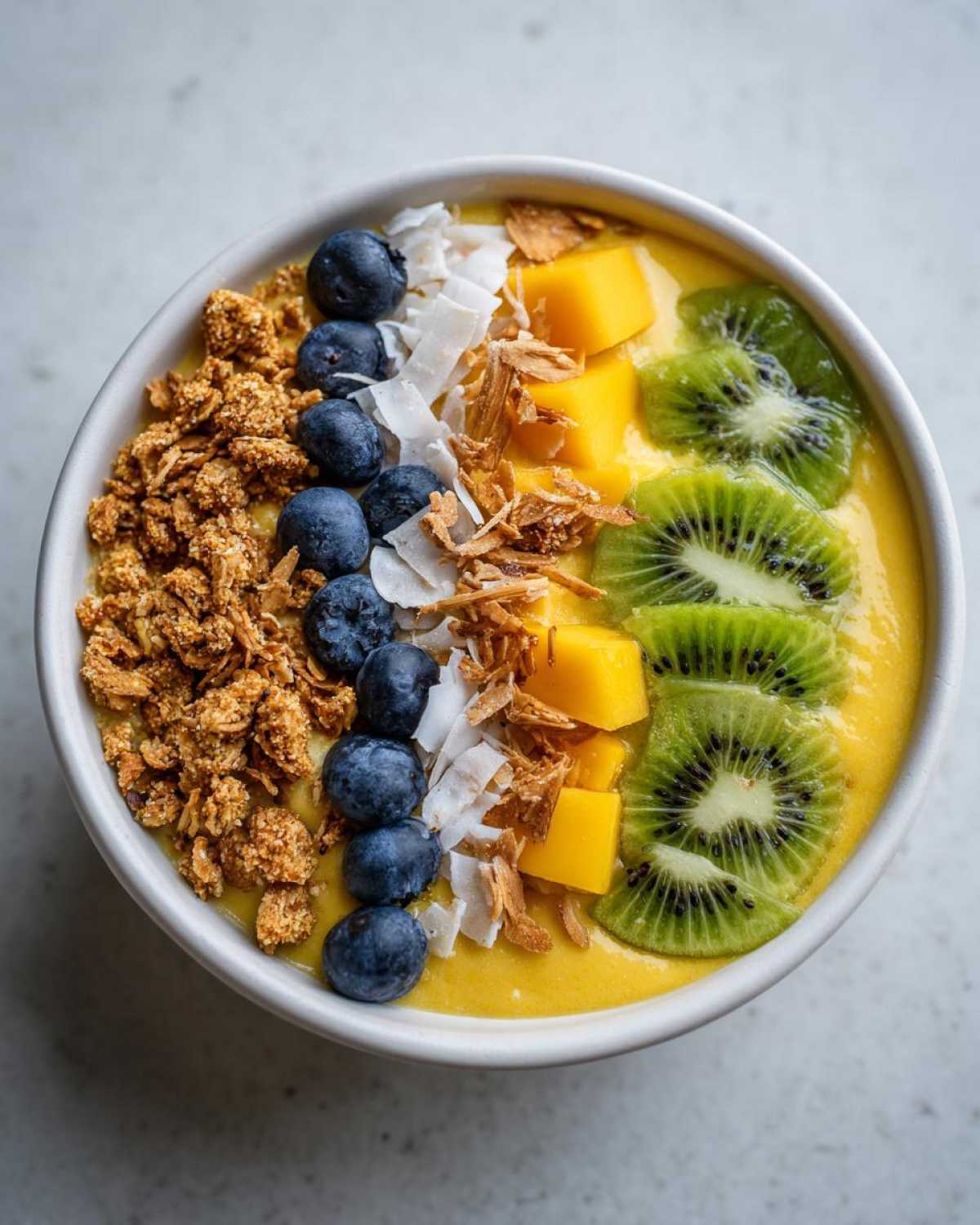 Zbliżenie na miskę Smoothie bowl z owocami: mango, kiwi, borówki, wiórki kokosowe i granola.