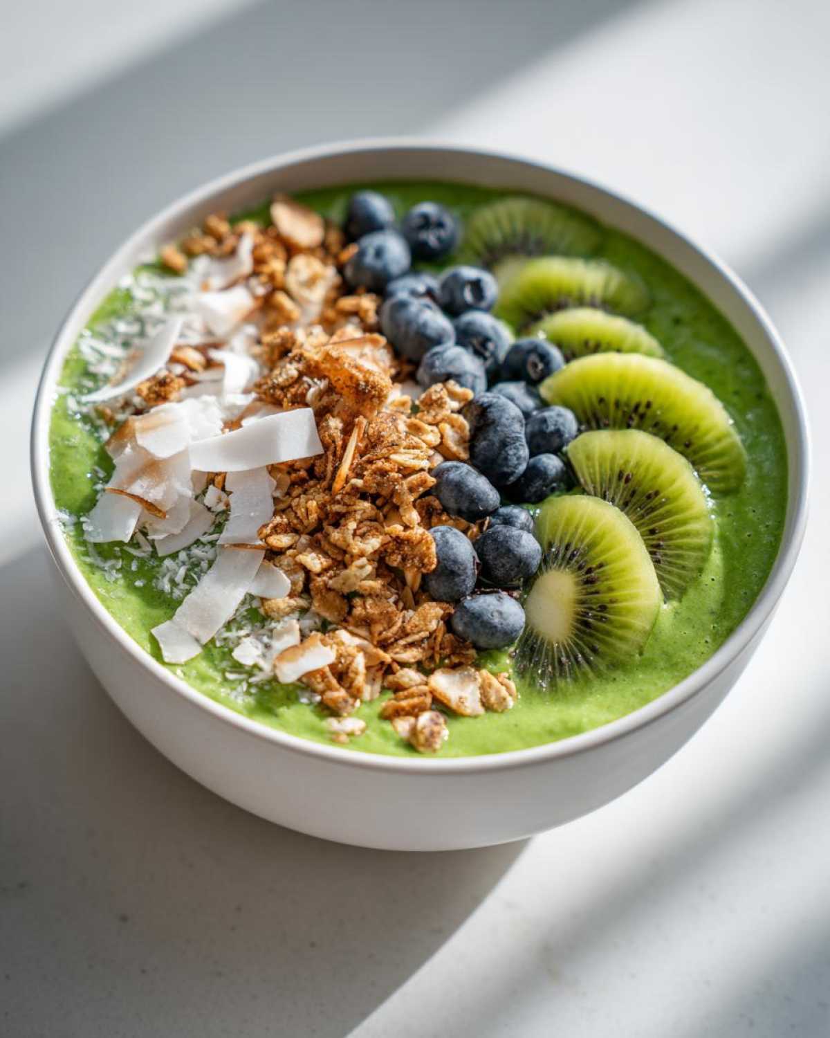 Zbliżenie na zielony Smoothie bowl z owocami: plasterki kiwi, borówki, granola i wiórki kokosowe.