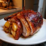 Soczysta, pieczona kaczka z jabłkami, pokrojona na plastry, prezentowana na białym talerzu.