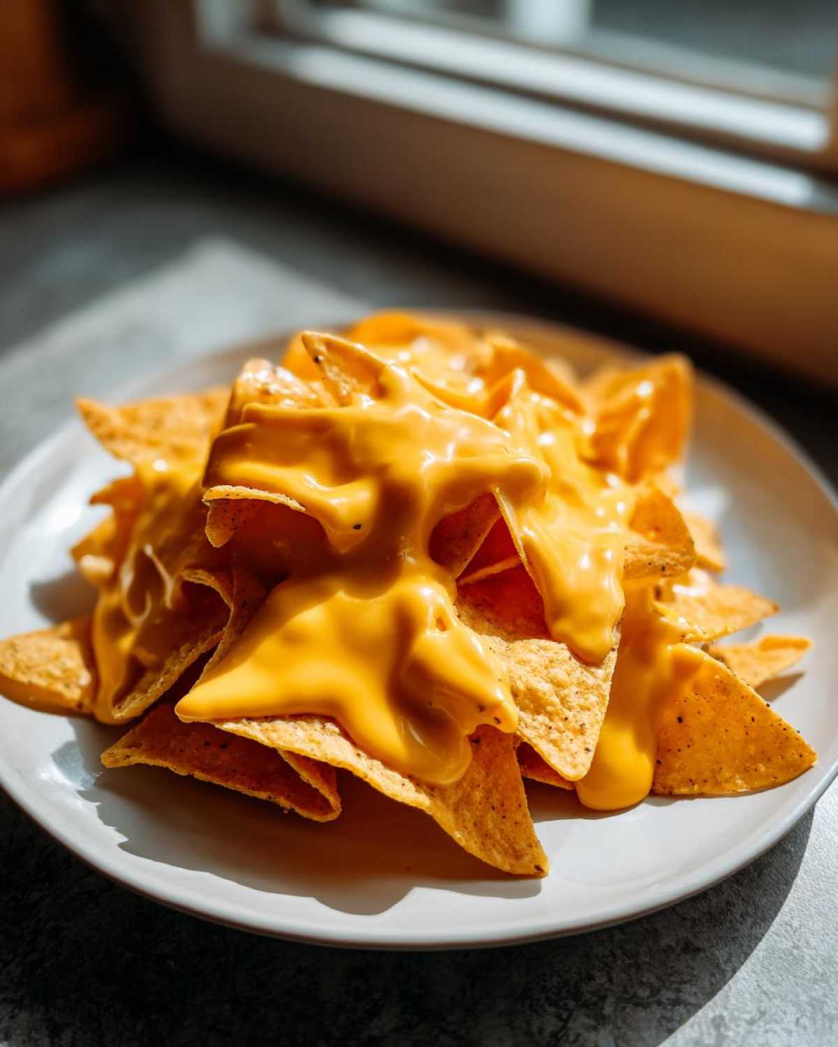 Kwadratowe chipsy kukurydziane polane obficie gęstym, żółtym sosem serowym do nachos.