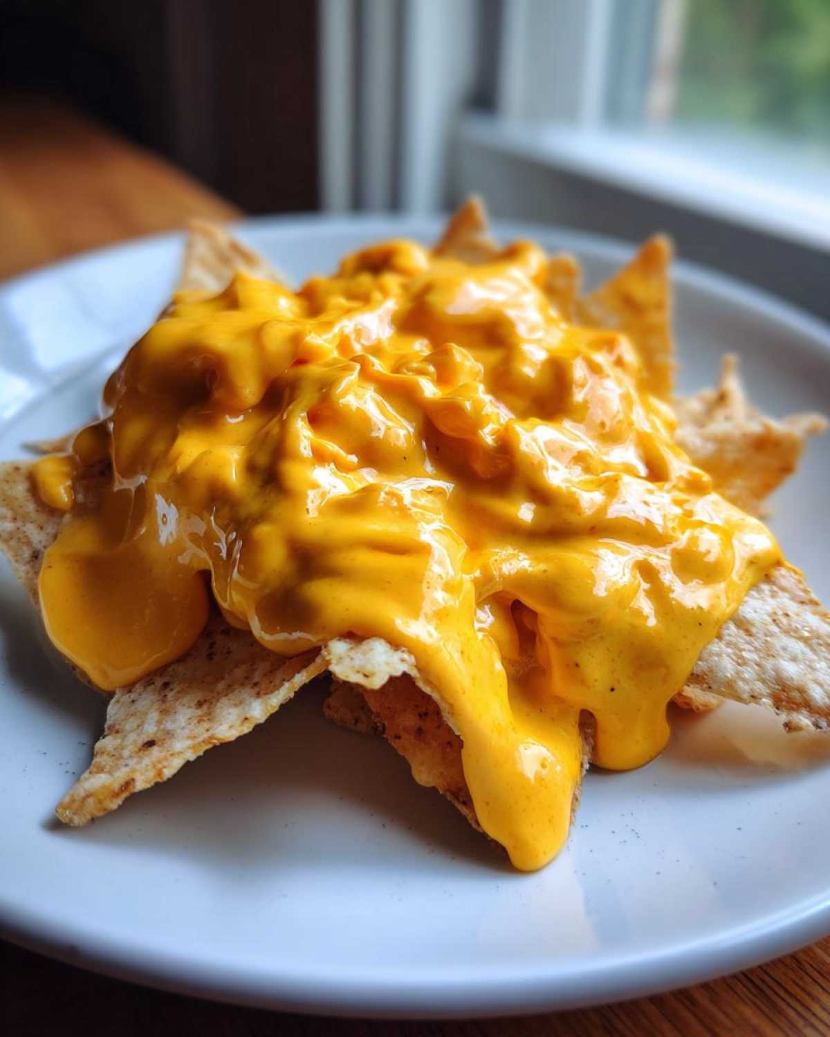 Zbliżenie na chipsy kukurydziane polane obficie gęstym, pomarańczowym sosem serowym do nachos.
