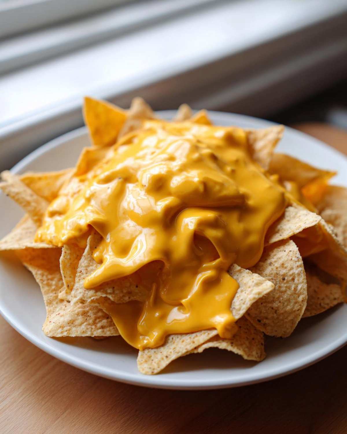 Zbliżenie na chipsy kukurydziane polane obficie gęstym, żółtym sosem serowym do nachos.