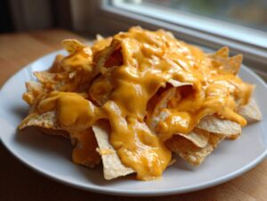 Nachos obficie polane gęstym, pomarańczowym sosem serowym do nachos, podane na białym talerzu.