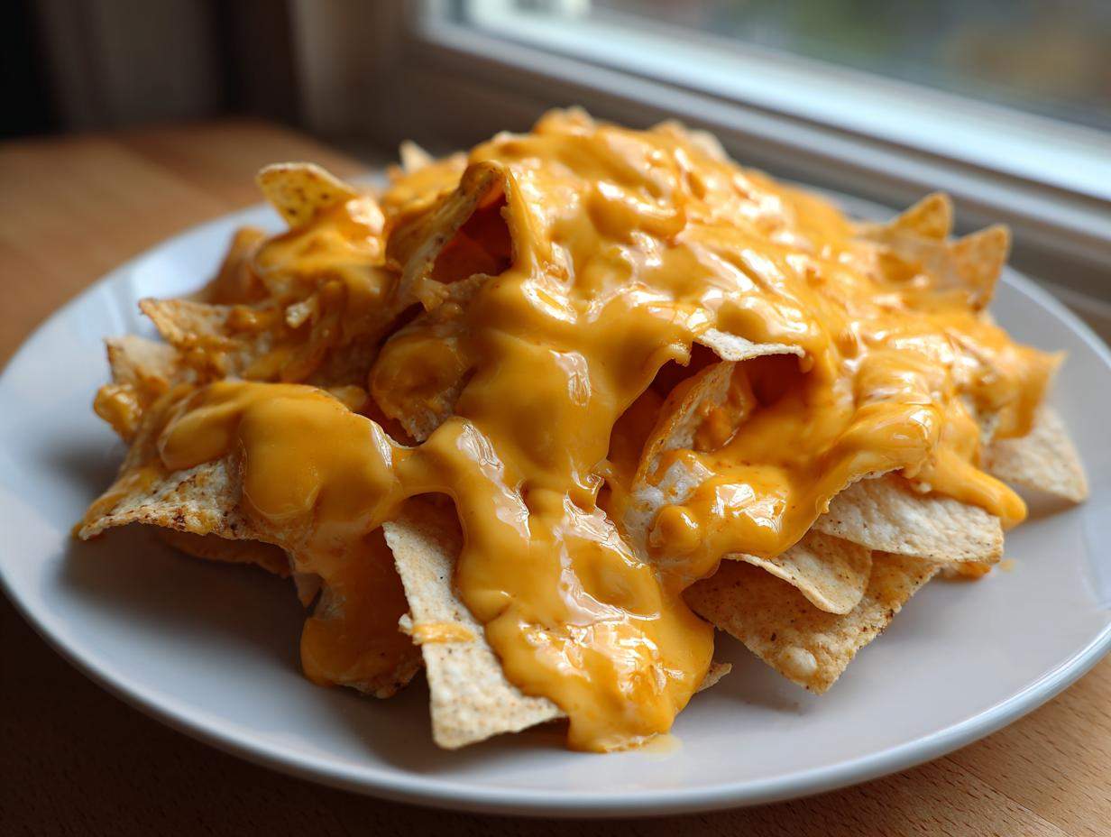 Nachos obficie polane gęstym, pomarańczowym sosem serowym do nachos, podane na białym talerzu.