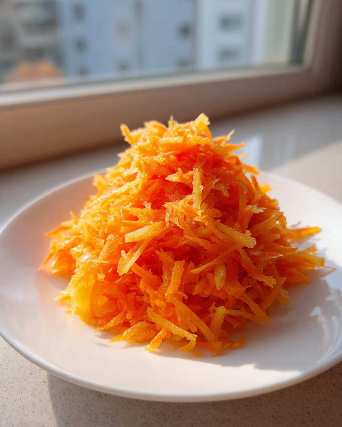 Zbliżenie na świeżo startą marchewkę i jabłko, bazę do surówki z marchewki i jabłka, na białym talerzu.