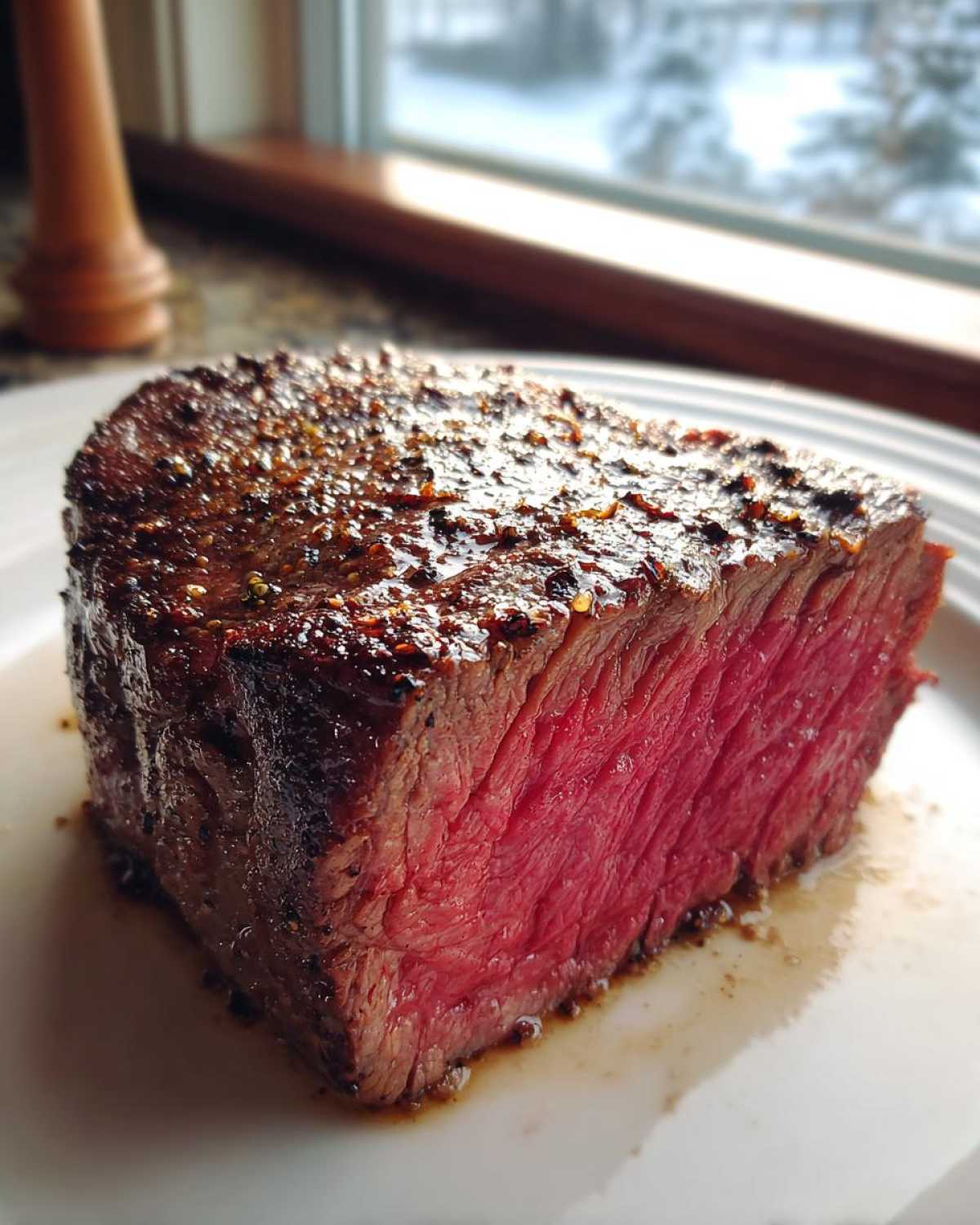 Przekrój idealnie wysmażonego steka z polędwicy wołowej, soczysty i różowy w środku.