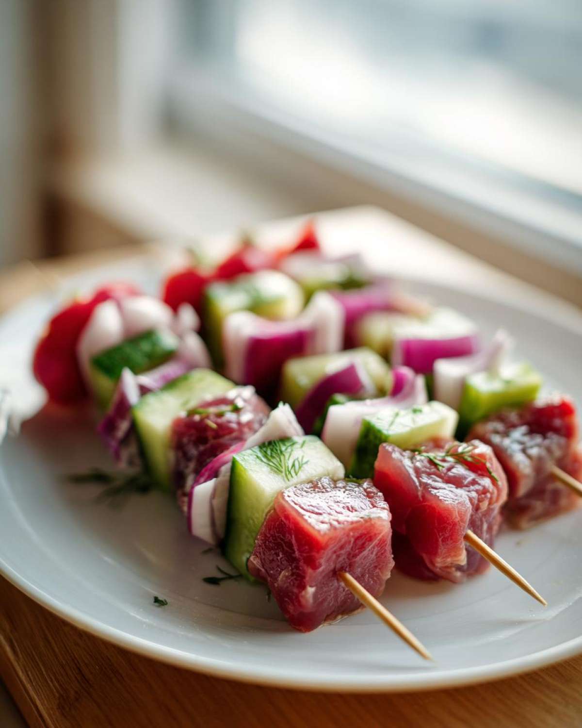 Zbliżenie na surowe koreczki śledziowe nabite na patyczki z kawałkami ogórka i czerwonej cebuli.