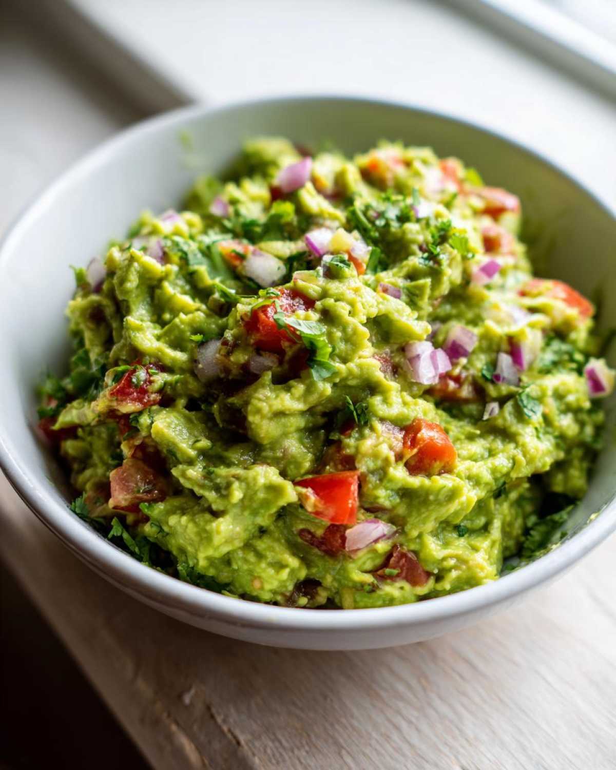Zbliżenie na miskę świeżego Guacamole klasyczne z kawałkami pomidora i czerwonej cebuli.