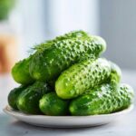 Stos świeżych, błyszczących ogórków z koprem, idealnych do przygotowania ogórki kiszone domowe.