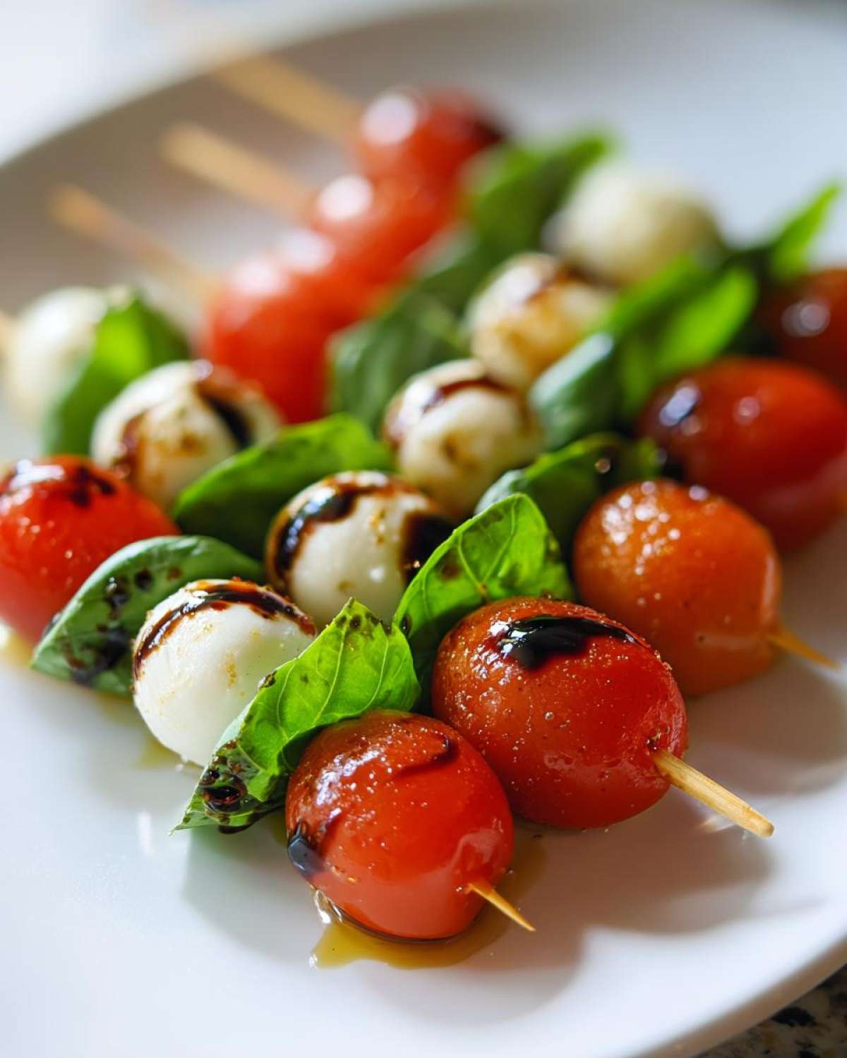 Zbliżenie na szaszłyki caprese z pomidorkami koktajlowymi, mozzarellą i bazylią polane sosem balsamicznym.