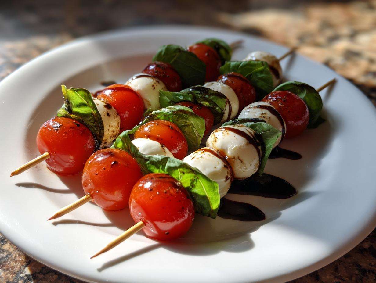 Zbliżenie na szaszłyki caprese z pomidorkami koktajlowymi, mozzarellą i bazylią, polane sosem balsamicznym.