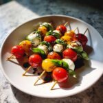 Kilka szaszłyków caprese z pomidorkami koktajlowymi, mozzarellą i bazylią polanymi sosem balsamicznym.