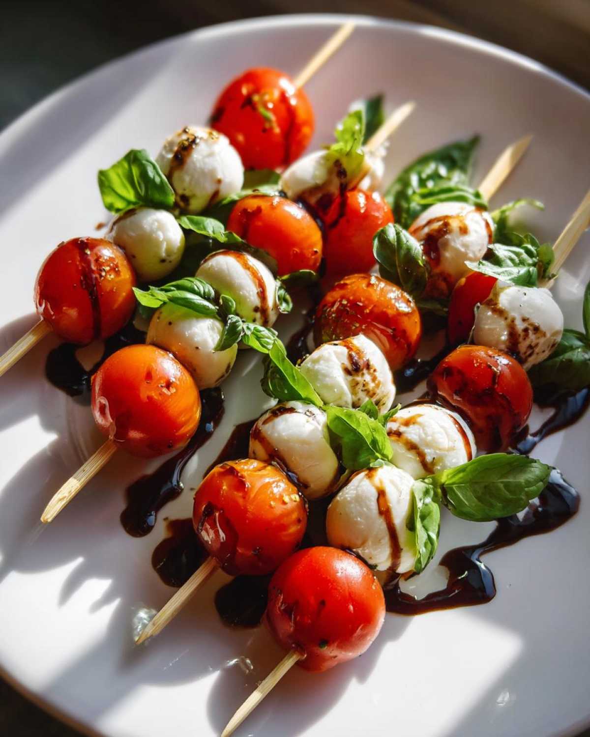 Zbliżenie na talerz z kilkoma szaszłykami caprese, z pomidorkami koktajlowymi, mozzarellą i bazylią polanymi sosem balsamicznym.