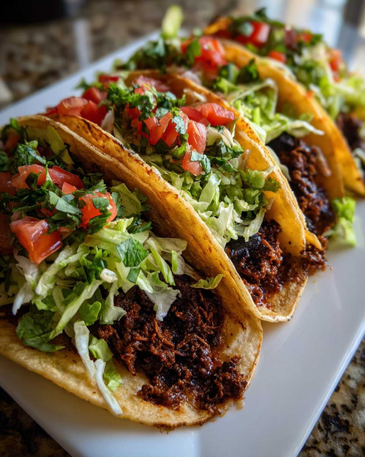 Rząd chrupiących tacos z wołowiną, wypełnionych szarpaną wołowiną, sałatą i pomidorami.