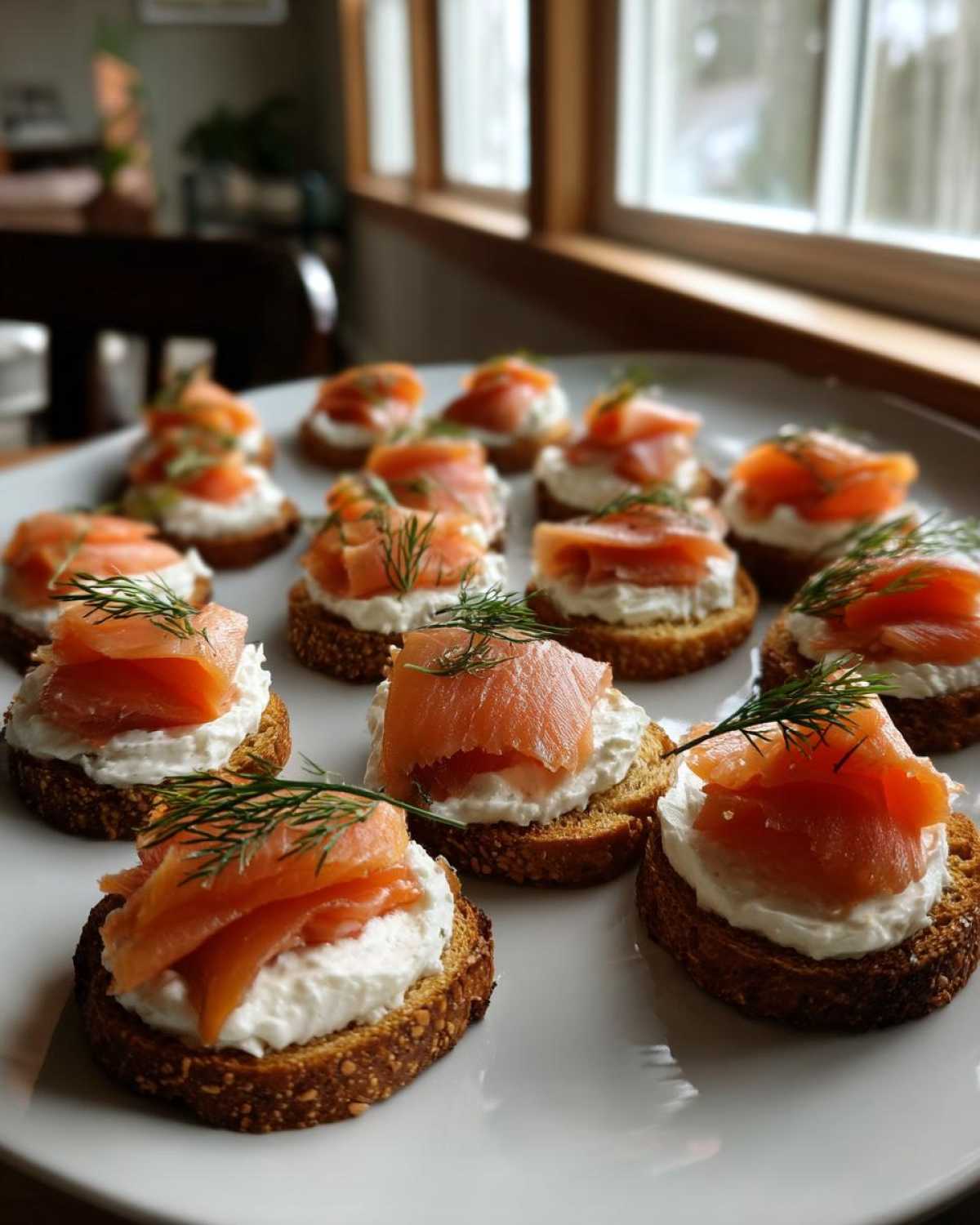 Talerz pełen małych, chrupiących tartinek z łososiem, serkiem śmietankowym i koperkiem. Idealne tartinki z łososiem.