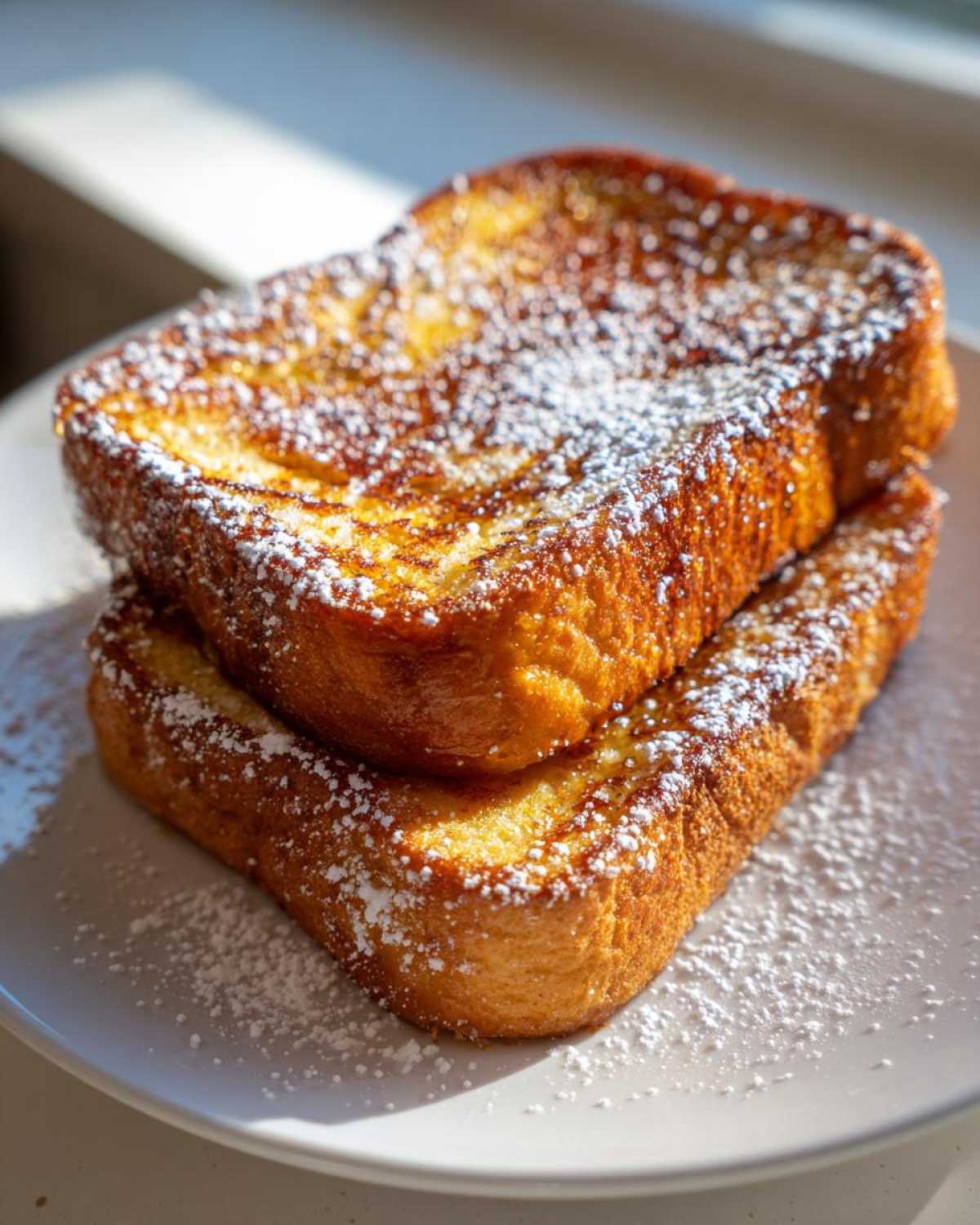 Dwa złociste tosty francuskie na słodko ułożone jeden na drugim i obficie posypane cukrem pudrem.