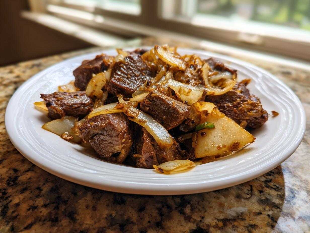 Zbliżenie na porcję smażonej wątróbki drobiowej z dużą ilością podsmażonej cebulki, podane na białym talerzu.