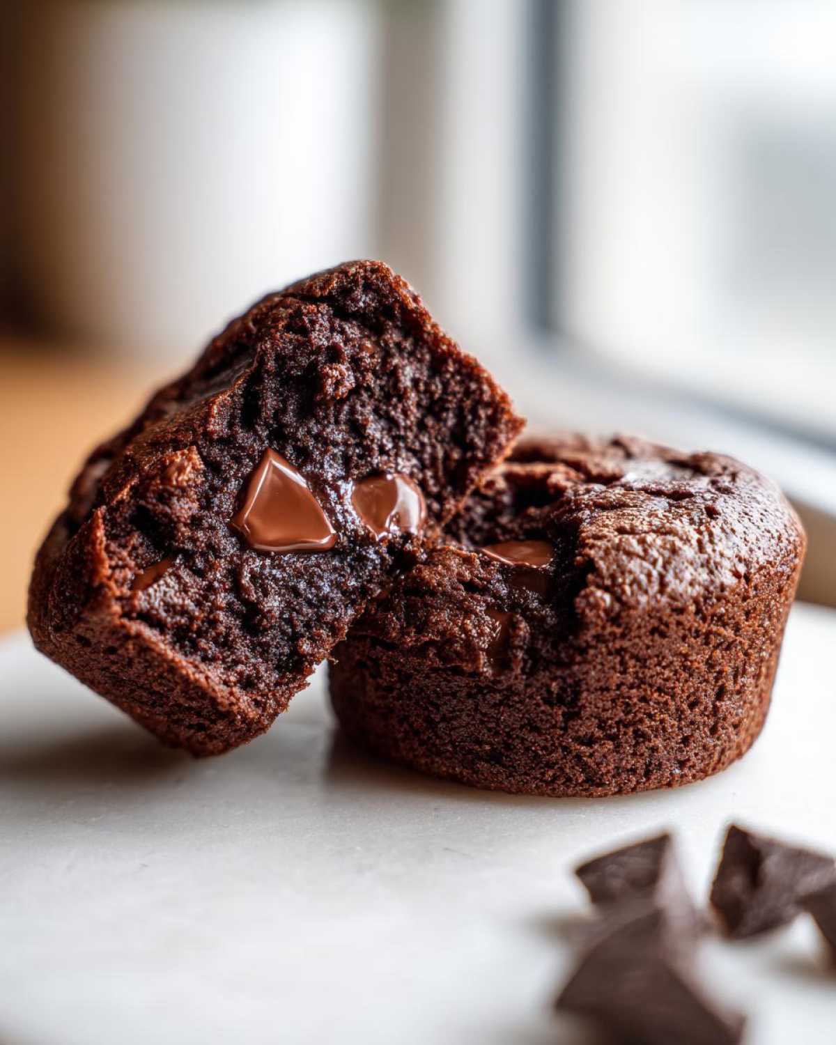 Przekrój wilgotnych muffiny czekoladowe z płynną czekoladą w środku, na białym tle.