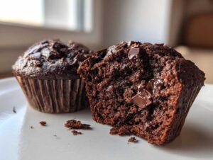 Dwa wilgotne muffiny czekoladowe, jeden przekrojony, ukazujący wnętrze pełne czekolady.