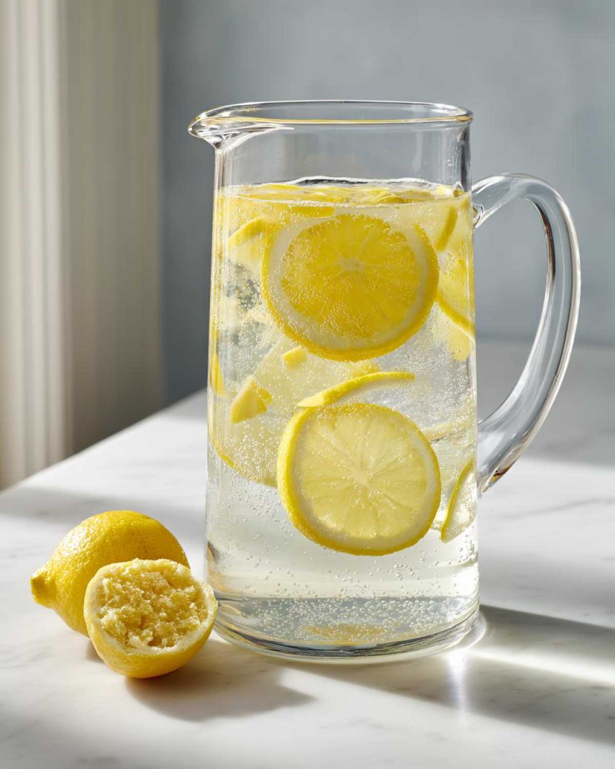 Szklany dzbanek wypełniony wodą z bąbelkami i plasterkami cytryny, obok leżą świeże cytryny. To idealna woda z imbirem i cytryną.