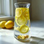 Karafka wypełniona wodą z plastrami cytryny i kawałkami imbiru, idealna na wodę z imbirem i cytryną.