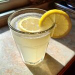 Zbliżenie na szklankę wody z miodem i cytryną, ozdobioną plasterkiem cytryny.