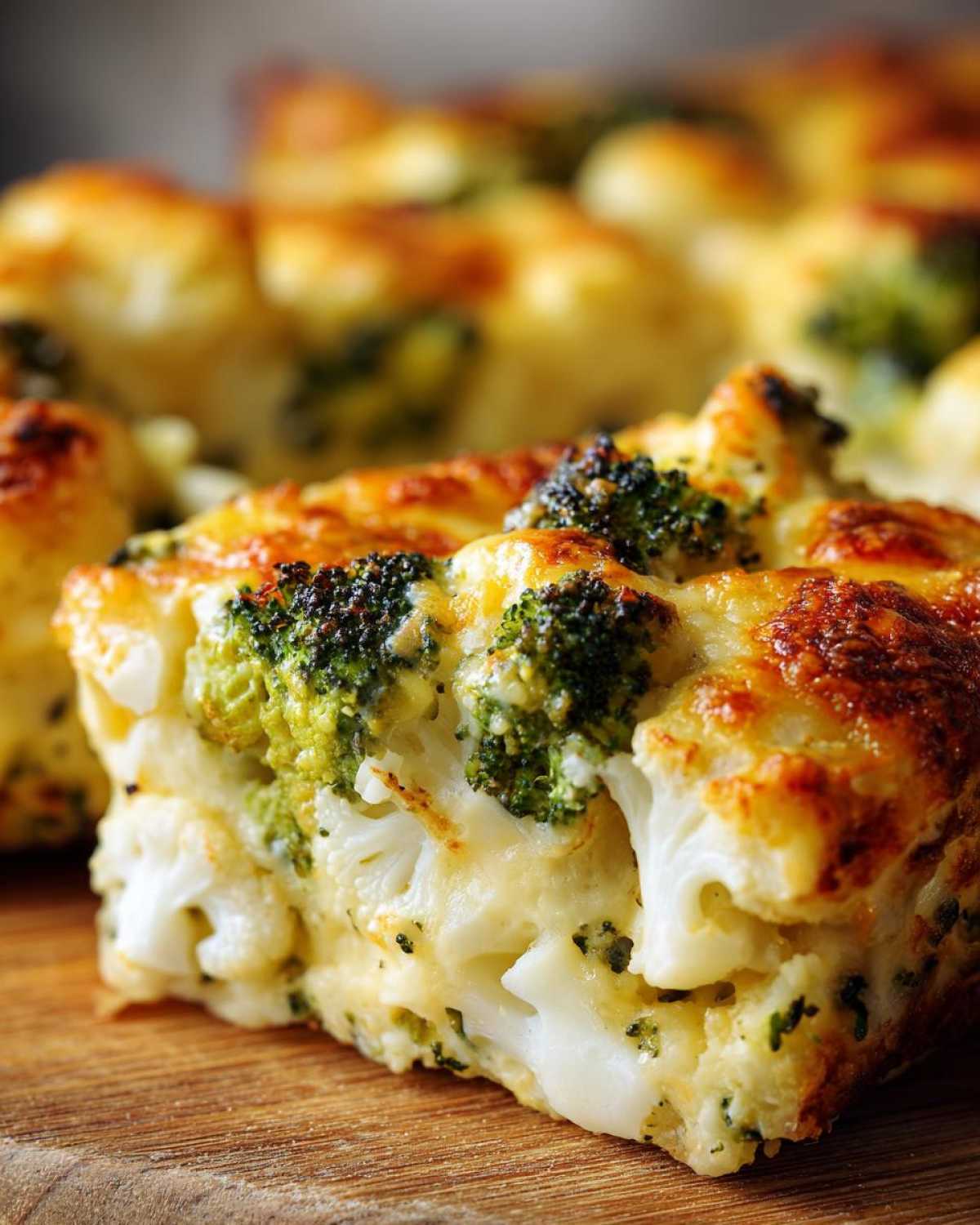 Zbliżenie na kawałek zapiekanki z kalafiorem i brokułami, z zapieczonym serem na wierzchu.