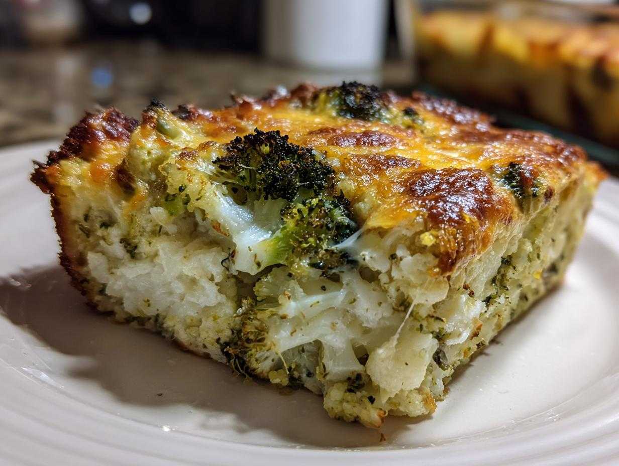 Zbliżenie na kawałek Zapiekanki z kalafiorem i brokułami z chrupiącą, zapieczoną serem na wierzchu.
