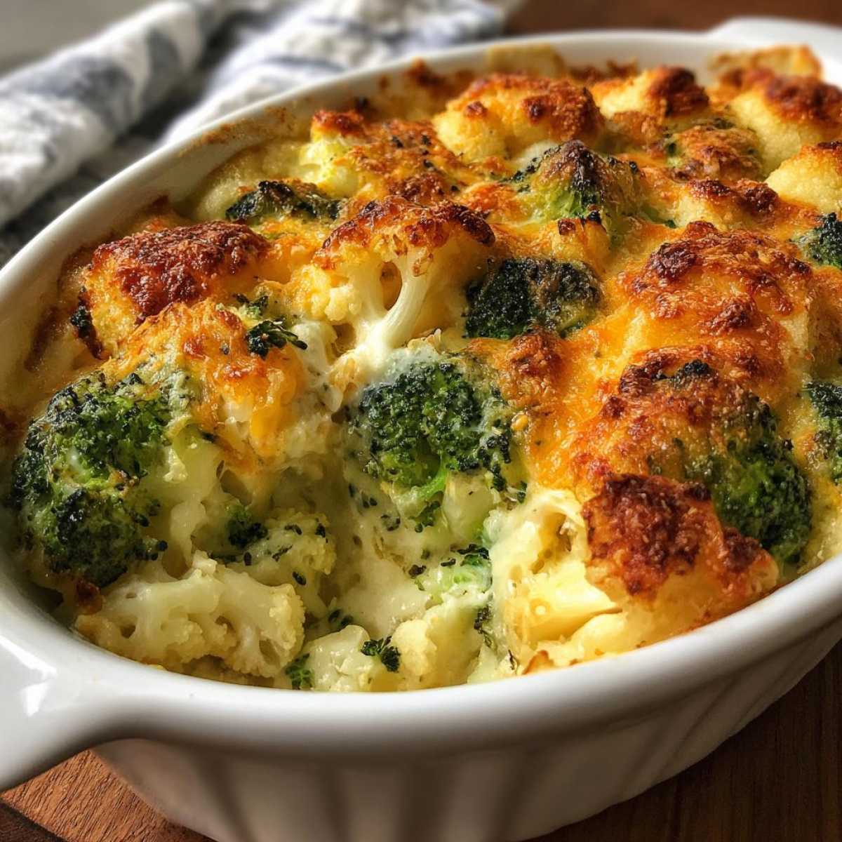 Zbliżenie na porcję zapiekanki z kalafiorem i brokułami, z zapieczonym serem ciągnącym się po przekrojeniu.