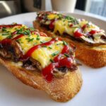 Dwie zapiekanki z pieczarkami na bagietce, polane roztopionym serem, keczupem i szczypiorkiem.