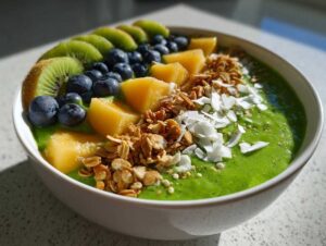 Zbliżenie na zielony Smoothie bowl z owocami: kiwi, borówkami, melonem, granolą i wiórkami kokosowymi.