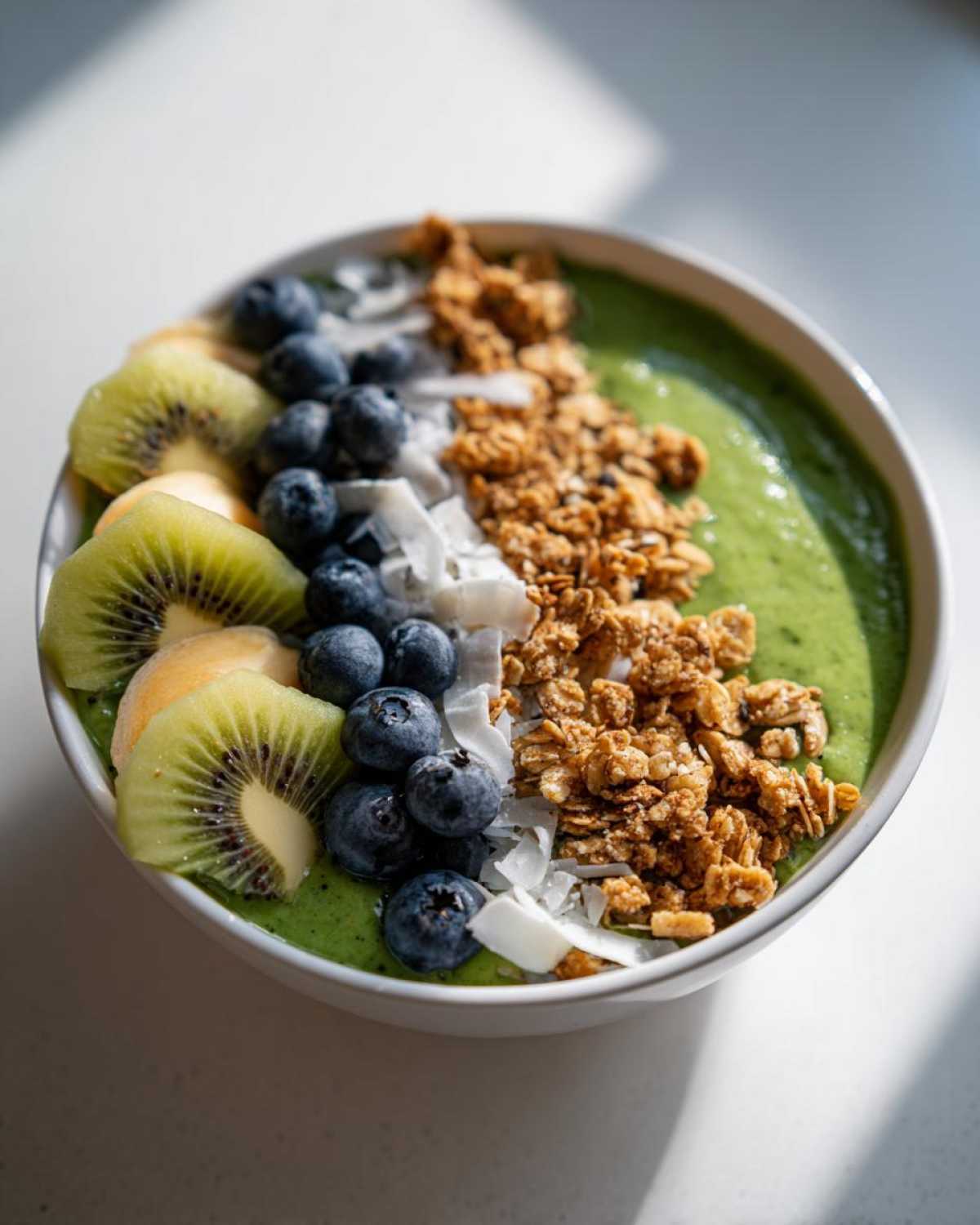 Zbliżenie na zielony Smoothie bowl z owocami: kiwi, borówkami, płatkami kokosa i granolą.