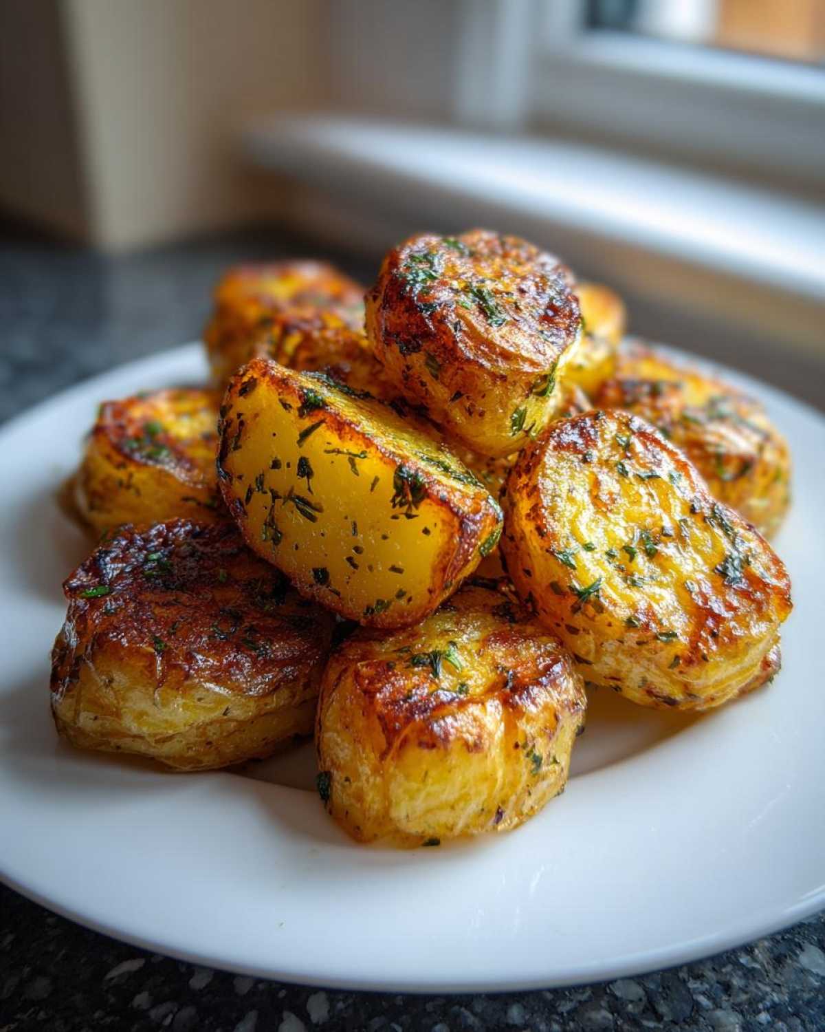 Stos złocistych, pieczonych ziemniaków opiekanych w ziołach na białym talerzu.