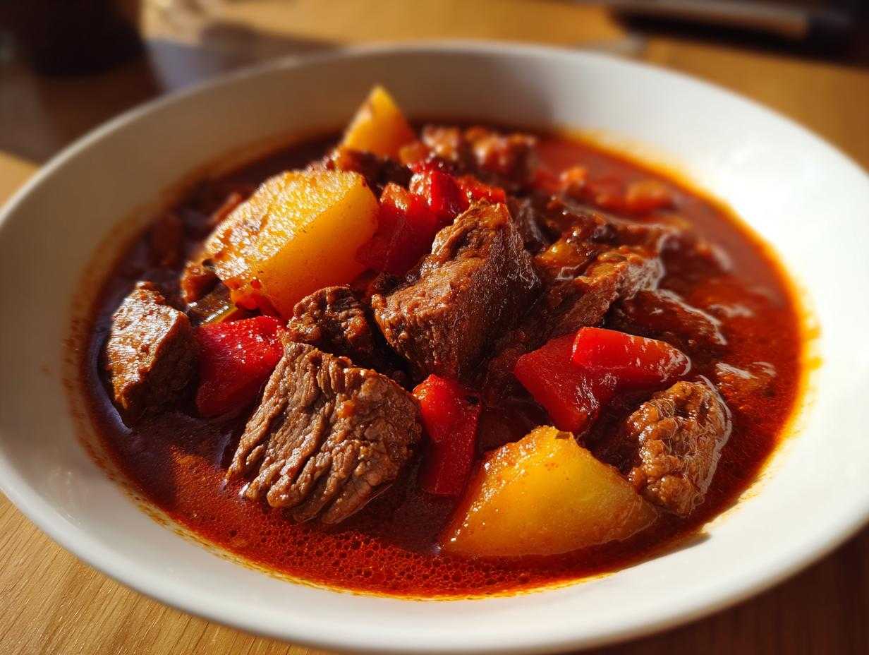 Zbliżenie na miskę aromatycznej Zupa gulaszowa węgierska z kawałkami wołowiny, ziemniaków i papryki.