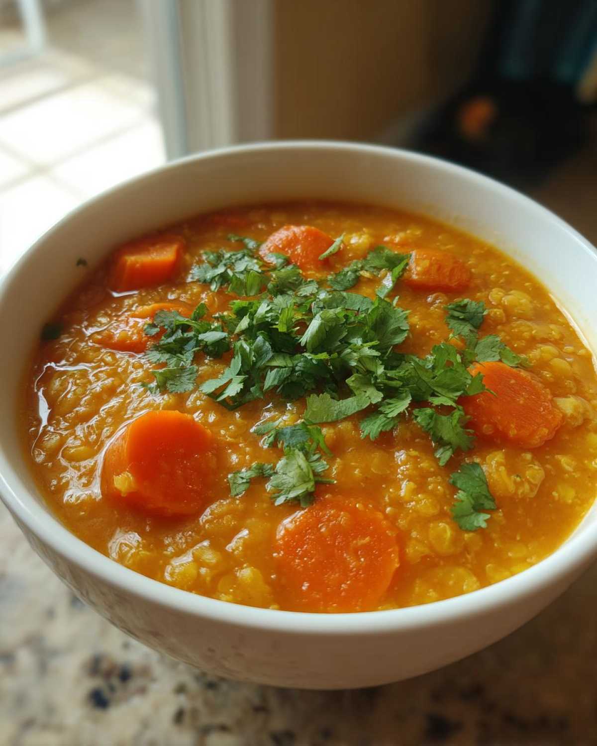 Zbliżenie na miskę gęstej, pomarańczowej zupy z soczewicy z kawałkami marchewki i świeżą kolendrą.