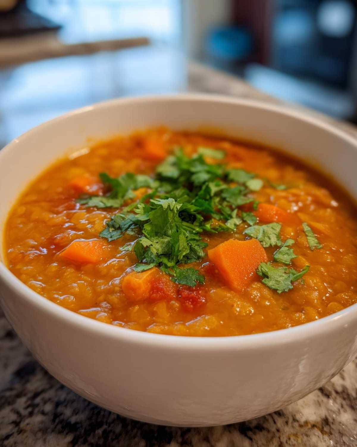 Zbliżenie na miskę pomarańczowej Zupa z soczewicy, ozdobionej kawałkami marchewki i świeżą kolendrą.