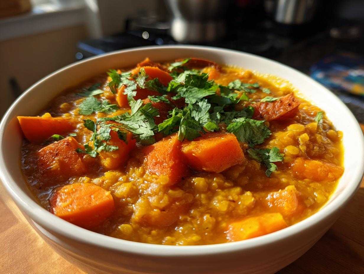 Zbliżenie na miskę pysznej zupy z soczewicy (Zupa z soczewicy) z kawałkami marchewki i świeżą kolendrą.