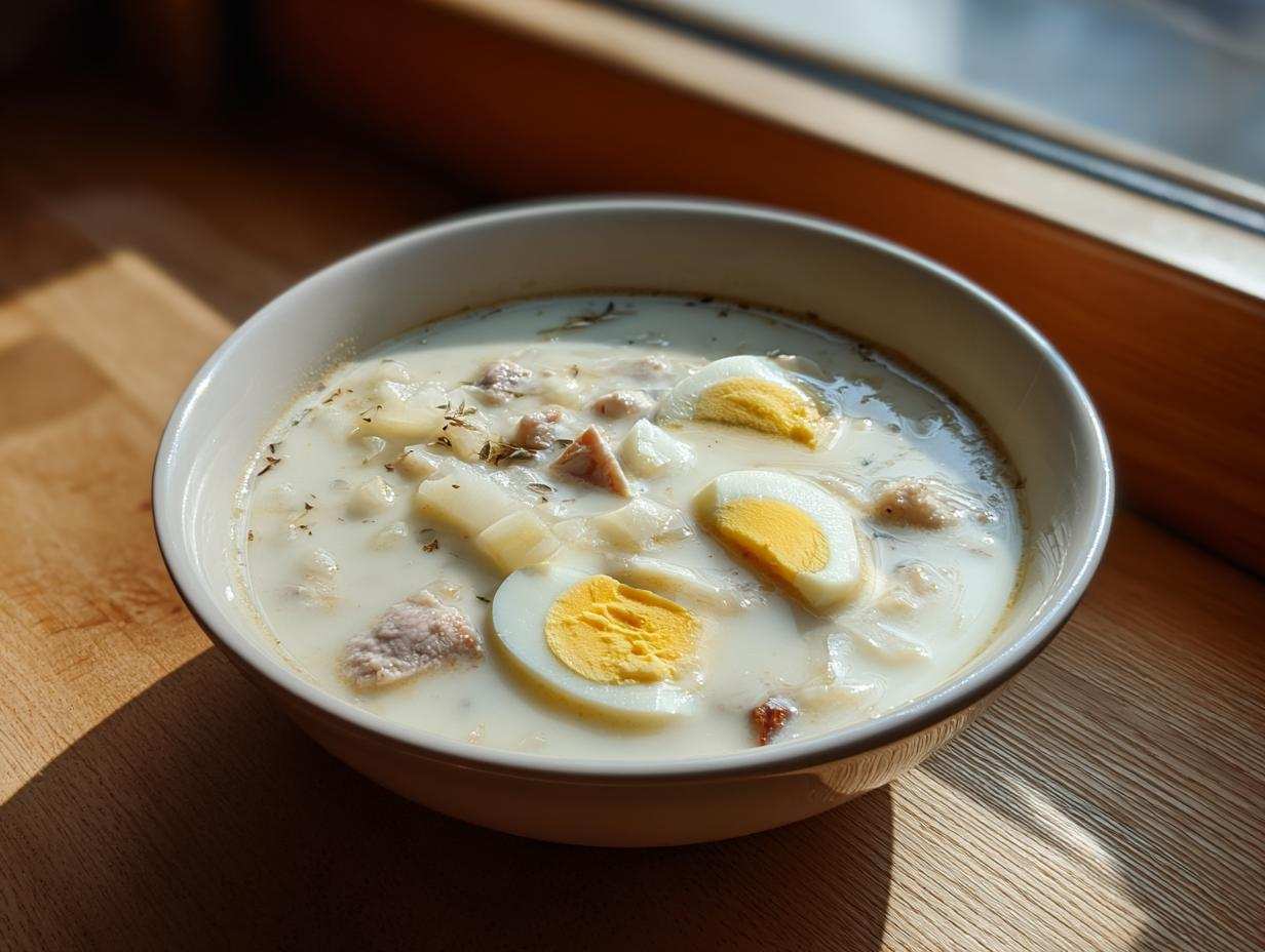 Miseczka kremowego barszczu białego z jajkiem, kawałkami kiełbasy i ziemniaków, podana na drewnianym blacie.