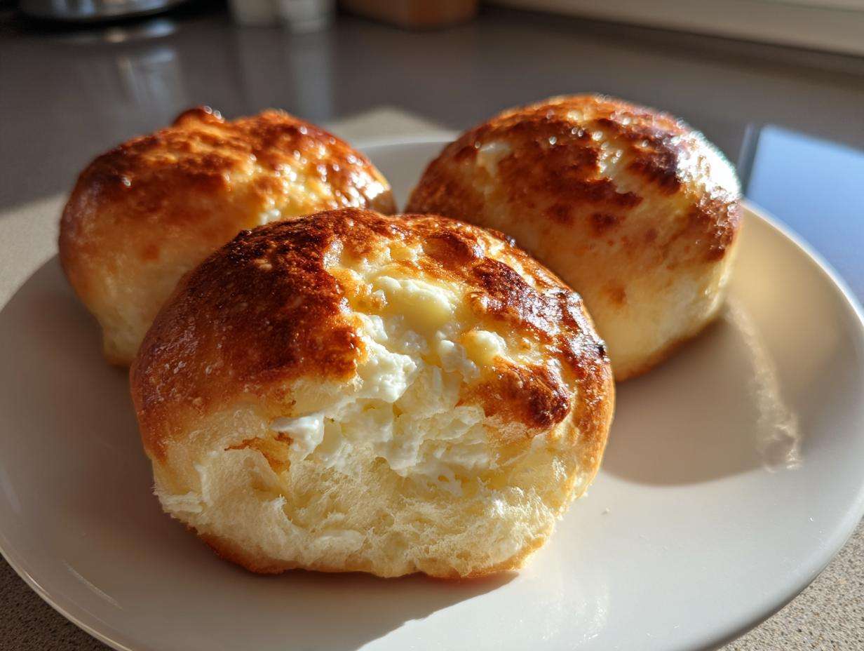 Trzy złociste bułki drożdżowe z serem, jedna przekrojona, na białym talerzu.