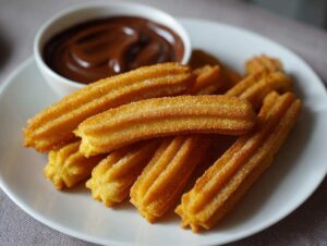 Stos złocistych churros posypanych cukrem, obok miseczka gęstego sosu czekoladowego. Idealne churros z sosem czekoladowym.
