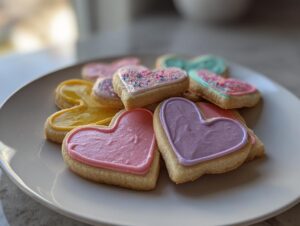 Stos kolorowych, lukrowanych Ciasteczka serduszka kruche na białym talerzu.