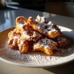 Stos chrupiących faworków bez śmietany obficie posypanych cukrem pudrem na jasnym talerzu.